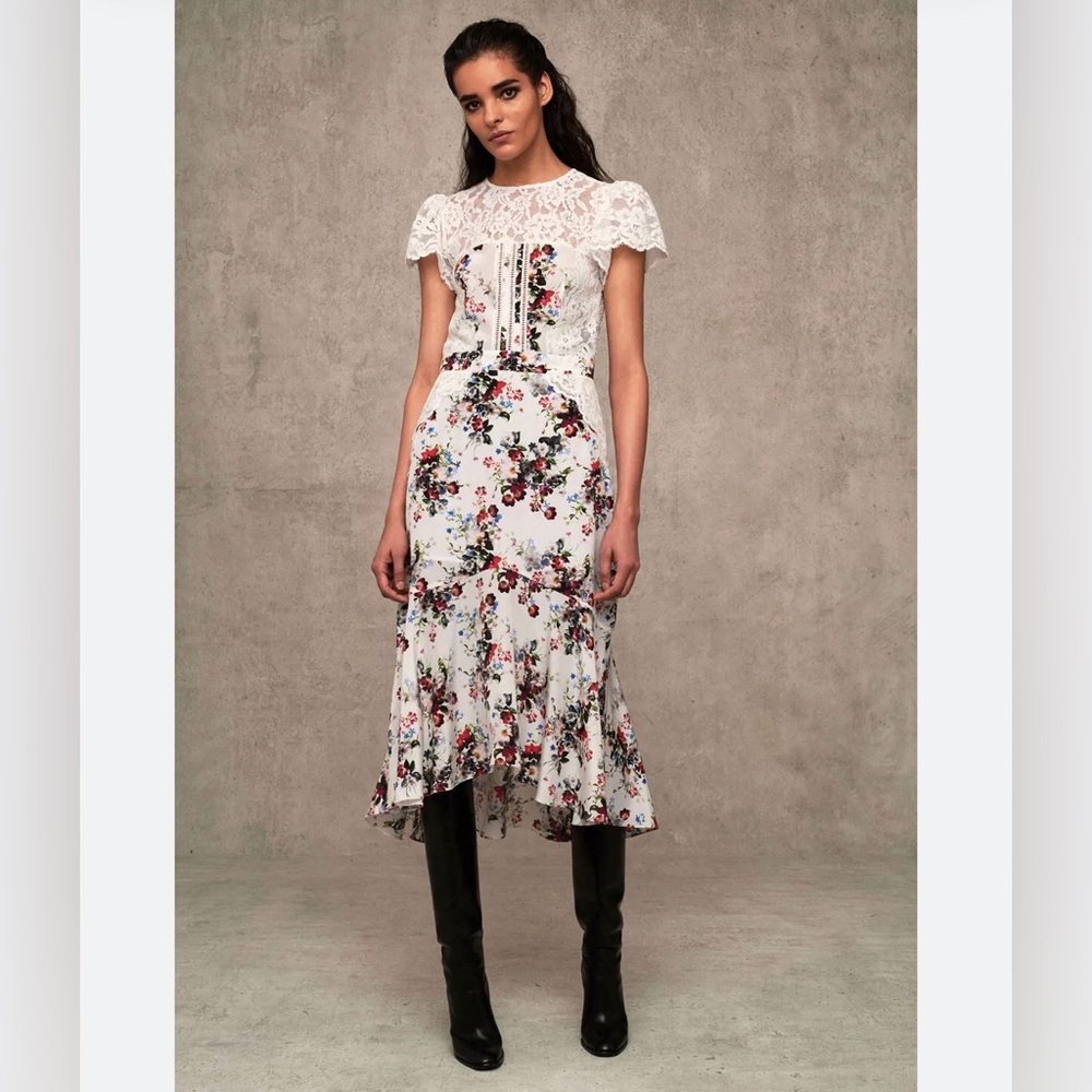 Marissa Webb Imani Floral Print Silk Lace Cutout Midi Dress White Size XS